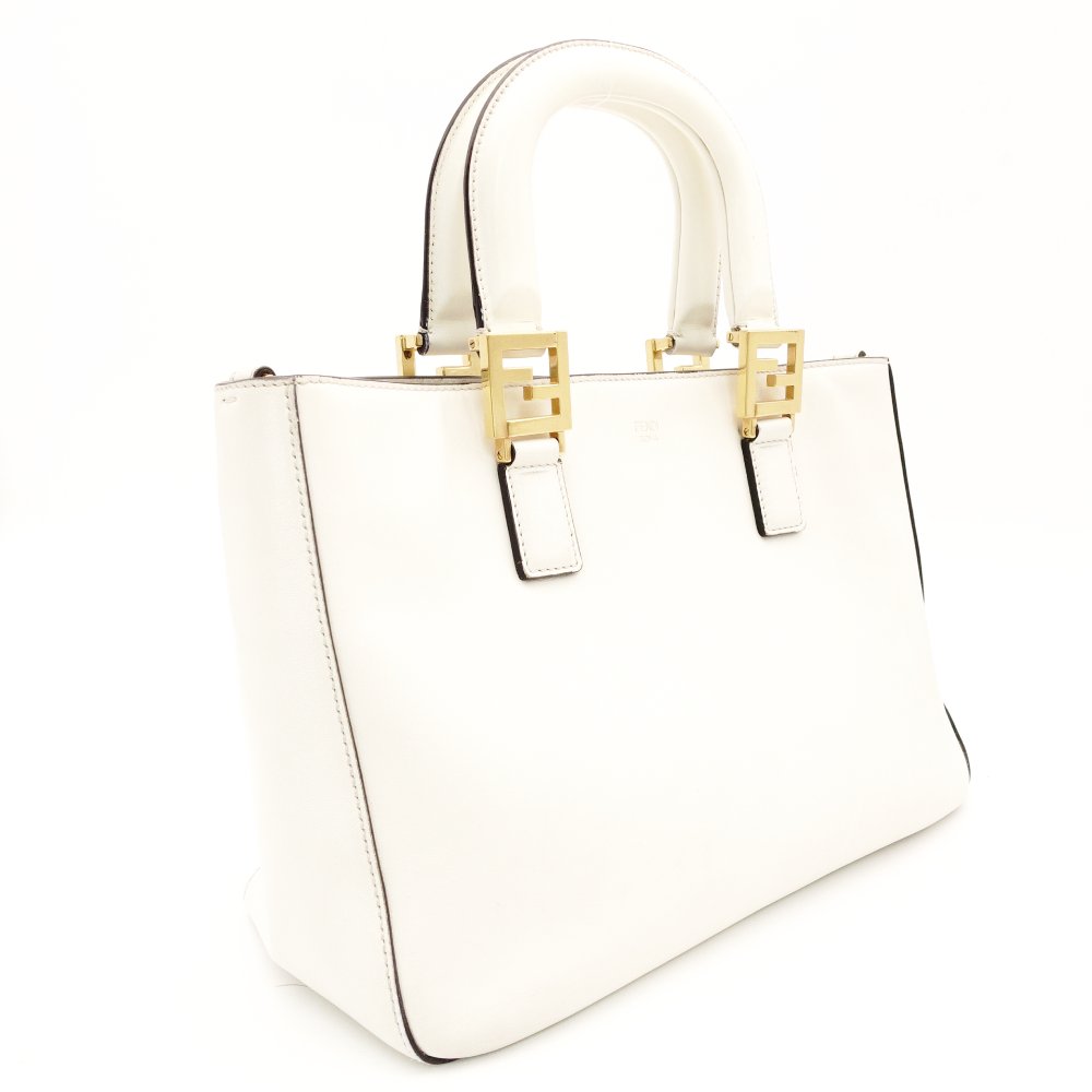FENDI Handbag FF Tote White 2-Way Leather FF Logo Shoulder Gold Hardware R801649