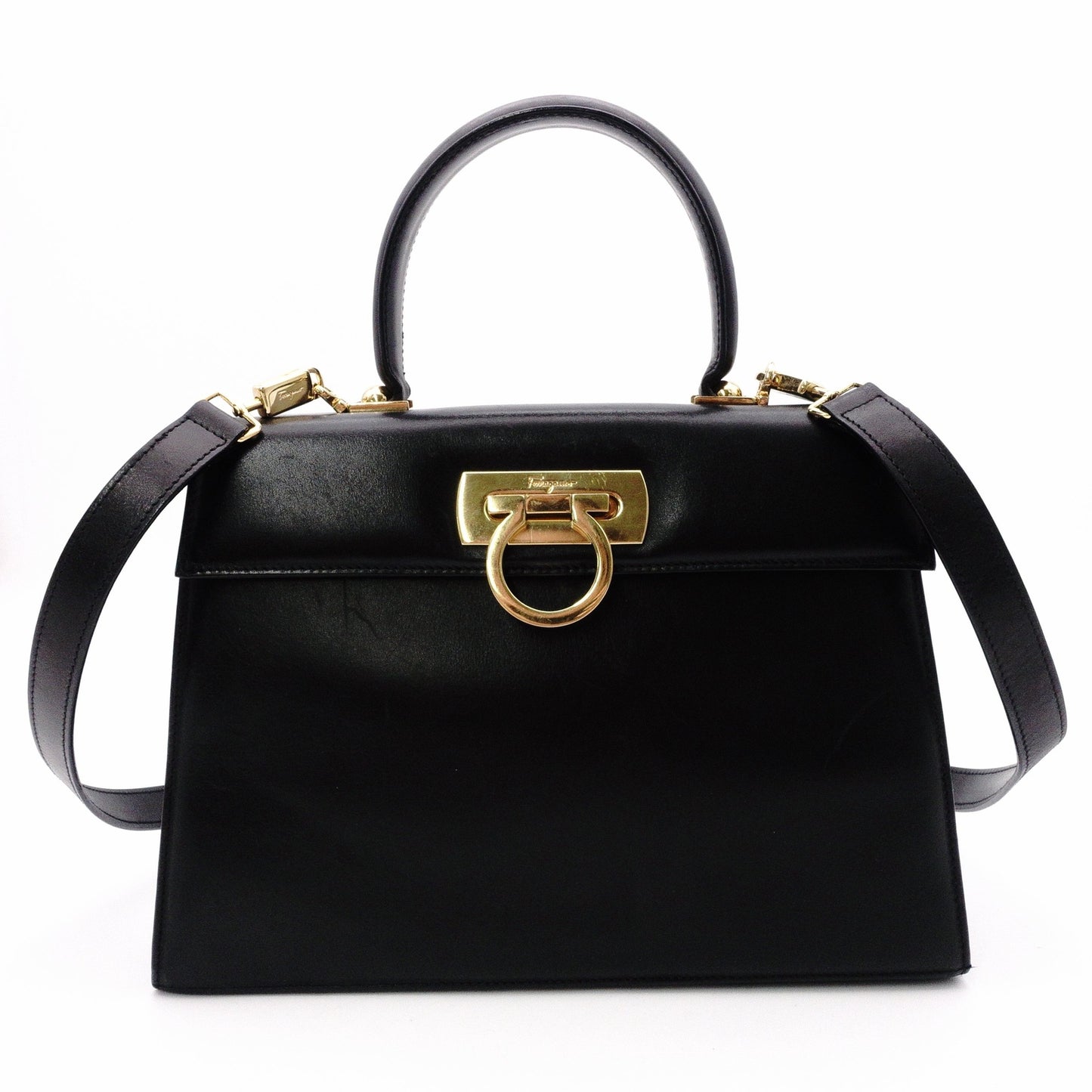 Salvatore Ferragamo Gancini Handbag, Black, 2-Way, Gold Hardware, Crossbody