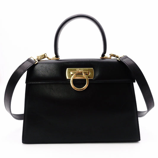 Salvatore Ferragamo Gancini Handbag, Black, 2-Way, Gold Hardware, Crossbody
