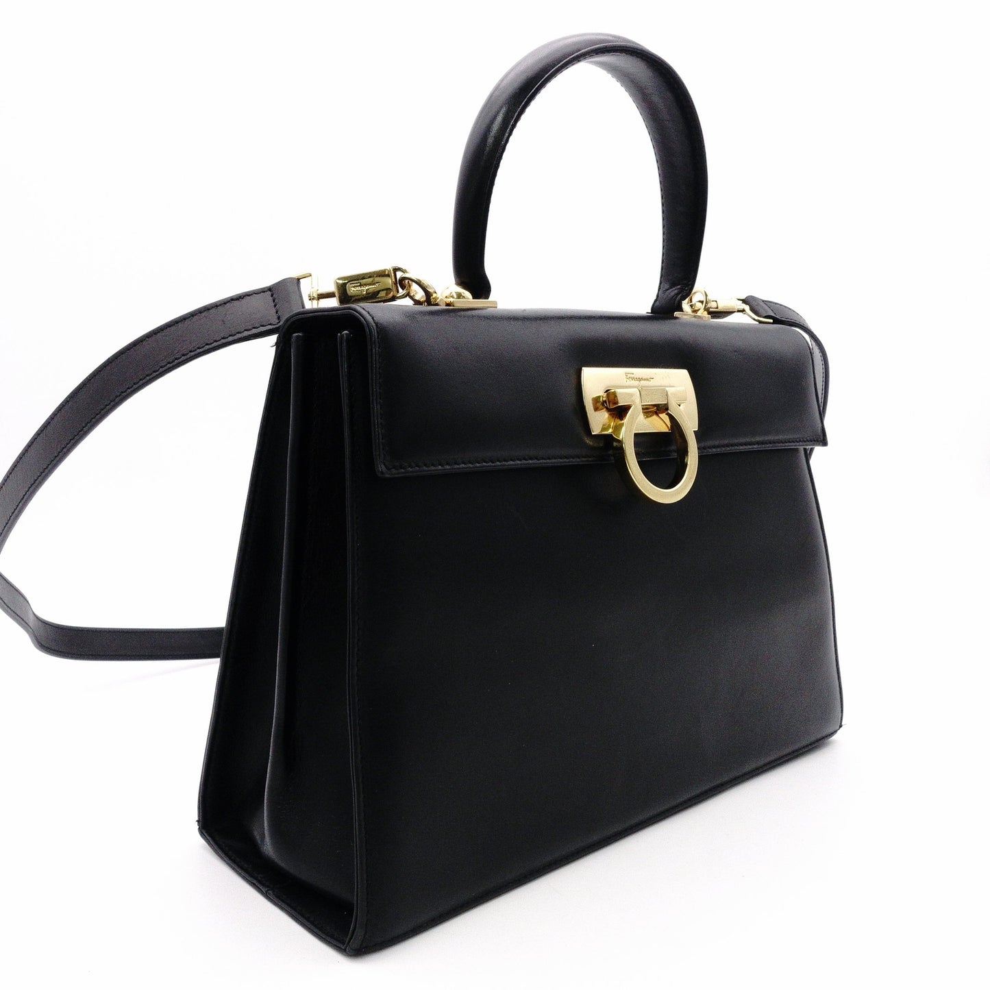 Salvatore Ferragamo Gancini Handbag, Black, 2-Way, Gold Hardware, Crossbody