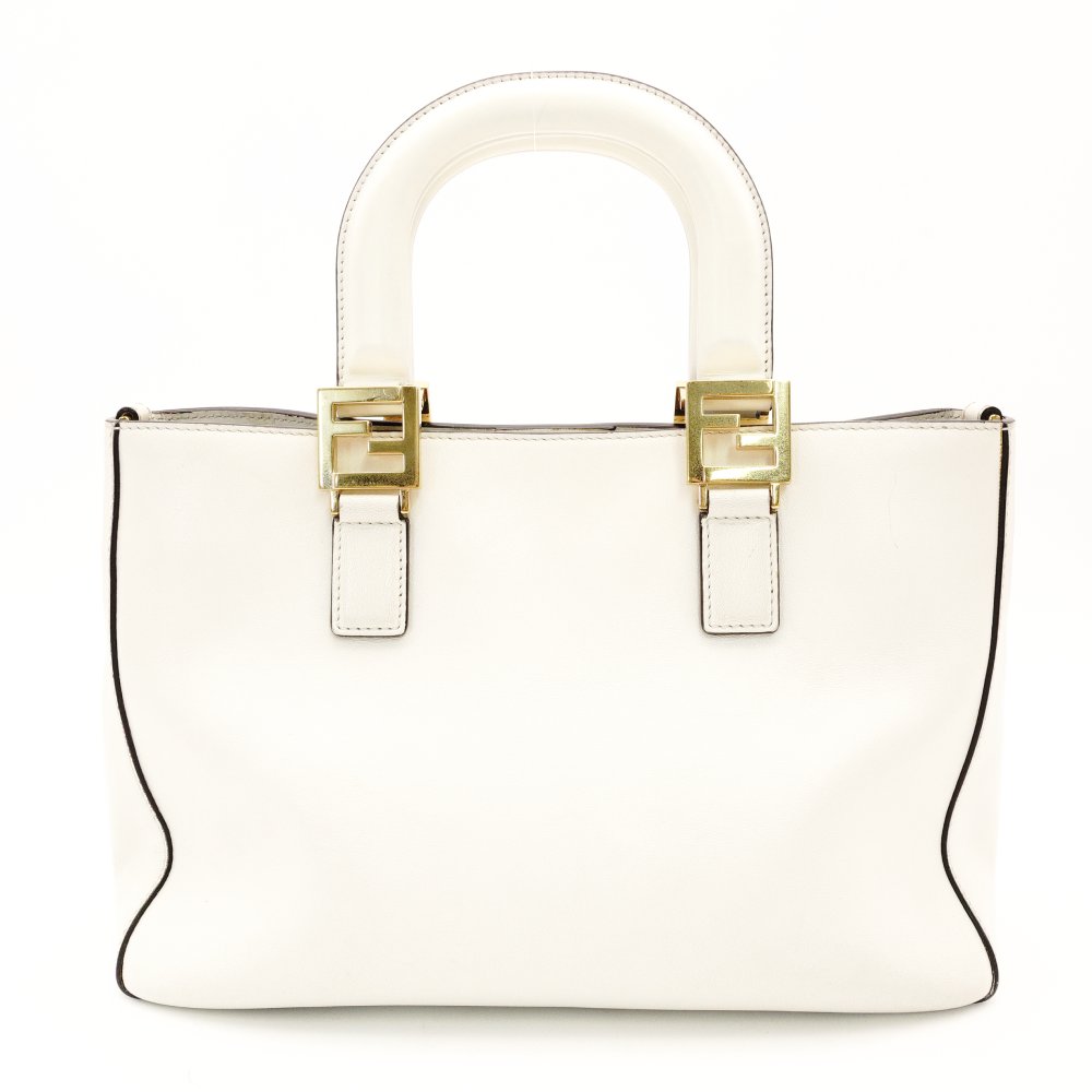FENDI Handbag FF Tote White 2-Way Leather FF Logo Shoulder Gold Hardware R801649