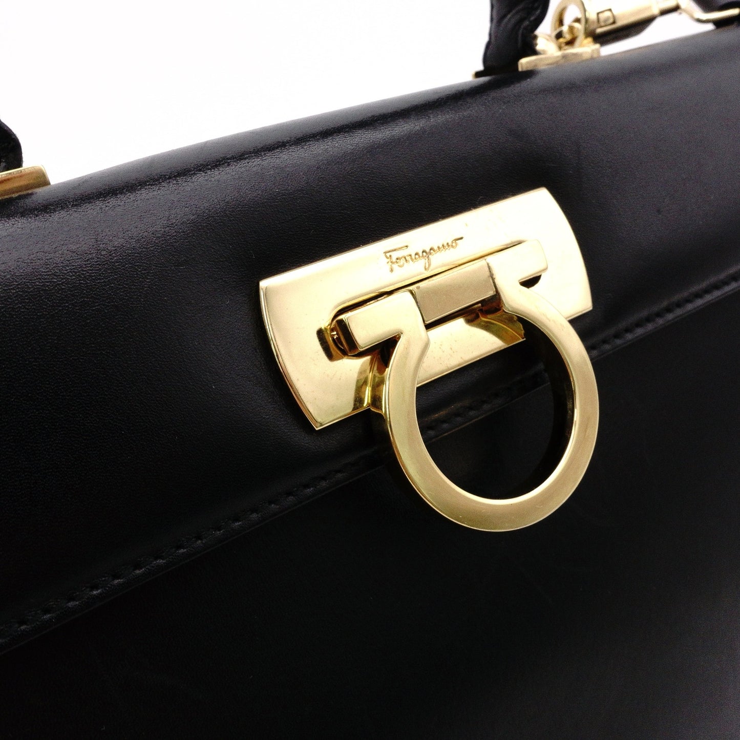 Salvatore Ferragamo Gancini Handbag, Black, 2-Way, Gold Hardware, Crossbody