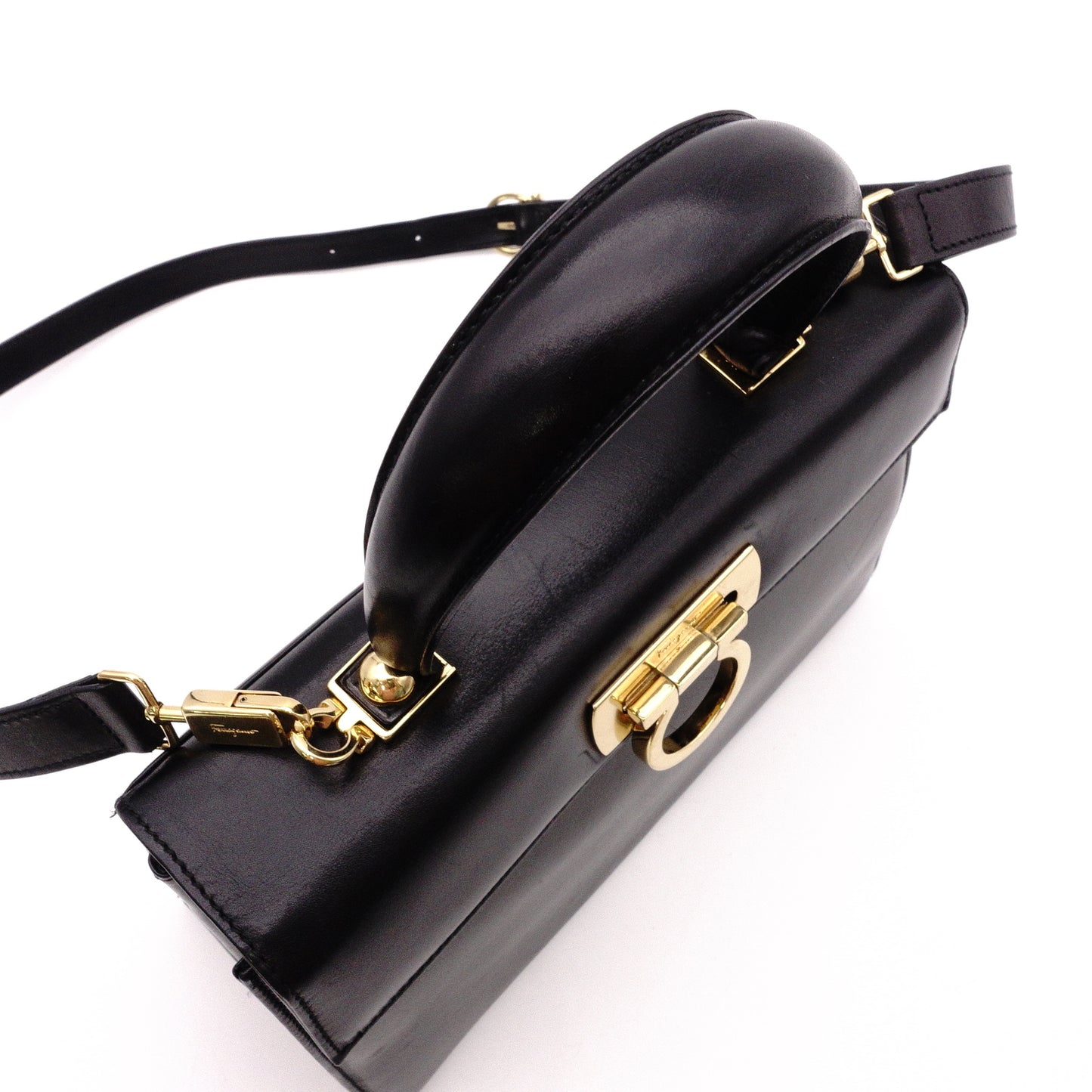 Salvatore Ferragamo Gancini Handbag, Black, 2-Way, Gold Hardware, Crossbody