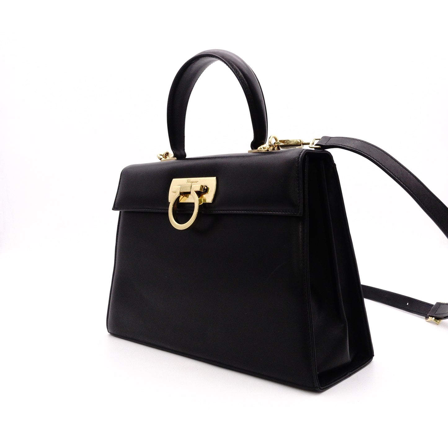 Salvatore Ferragamo Gancini Handbag, Black, 2-Way, Gold Hardware, Crossbody