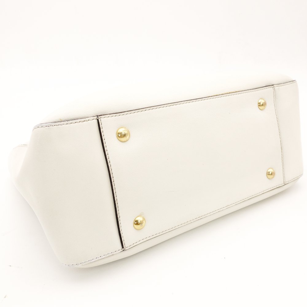 FENDI Handbag FF Tote White 2-Way Leather FF Logo Shoulder Gold Hardware R801649
