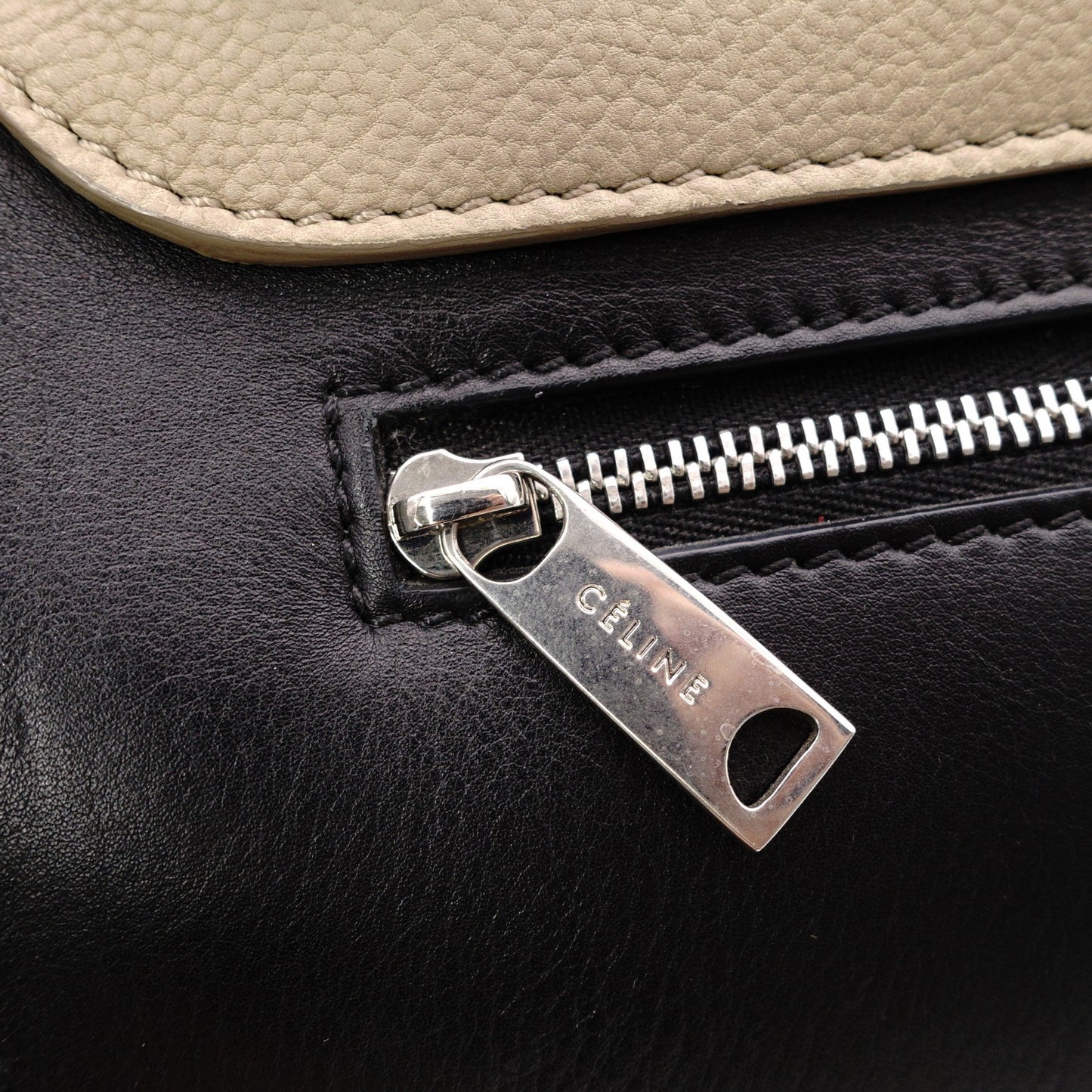 CELINE Trapeze Handbag, Leather, Black and Beige, 2-Way