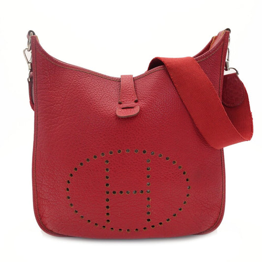 HERMES Evelyn 1 PM Shoulder Bag Taurillon Clemence Red Leather Red Silver Hardware □R Stamped 7-9-445