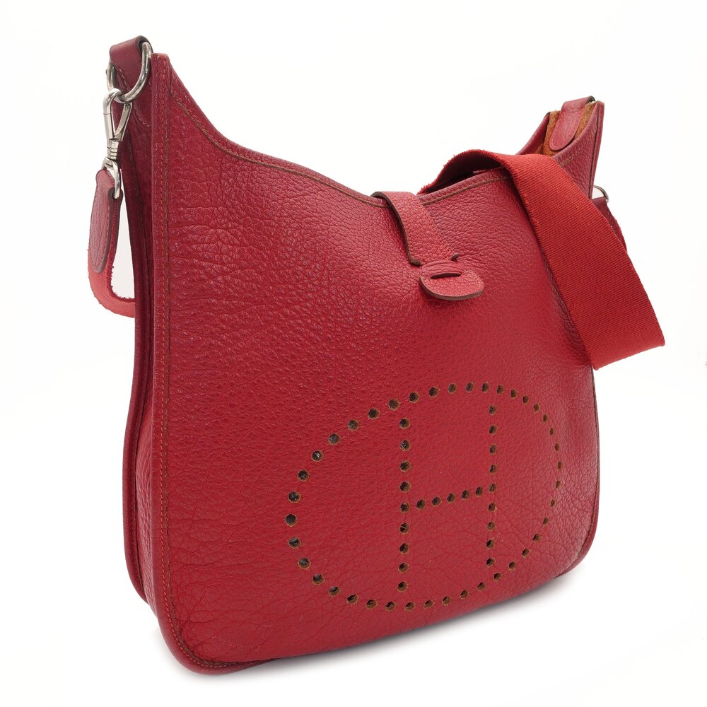 HERMES Evelyn 1 PM Shoulder Bag Taurillon Clemence Red Leather Red Silver Hardware □R Stamped 7-9-445