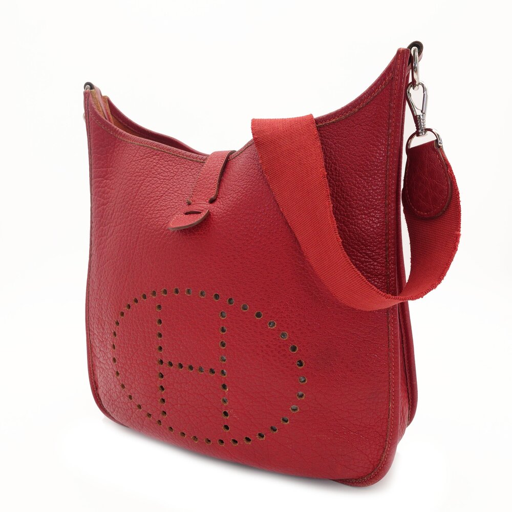 HERMES Evelyn 1 PM Shoulder Bag Taurillon Clemence Red Leather Red Silver Hardware □R Stamped 7-9-445