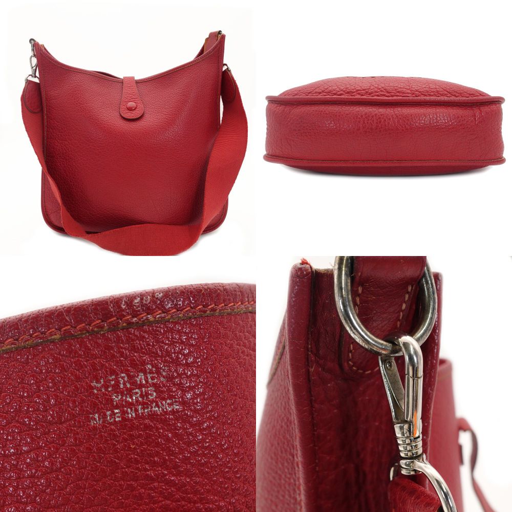 HERMES Evelyn 1 PM Shoulder Bag Taurillon Clemence Red Leather Red Silver Hardware □R Stamped 7-9-445
