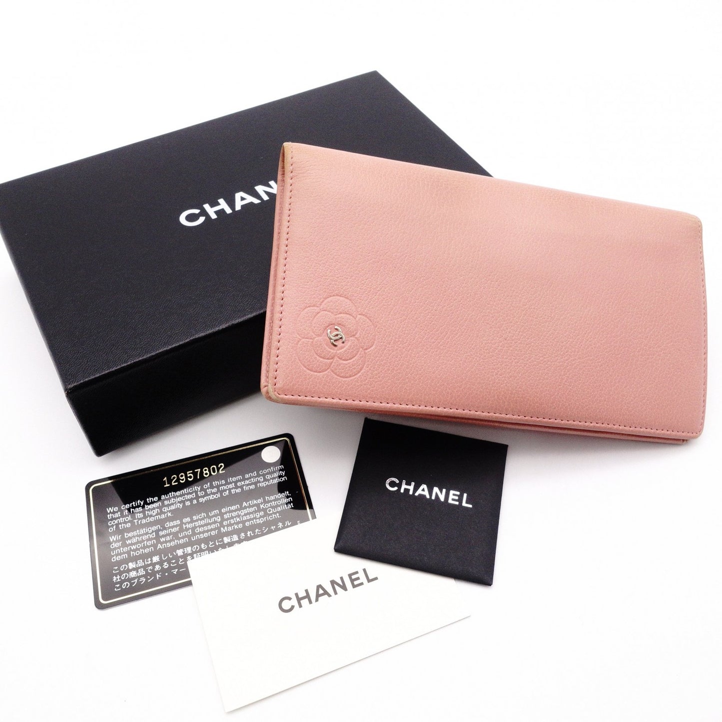 CHANEL Camellia Long Wallet, Leather, Pink, CC Logo, Silver Hardware