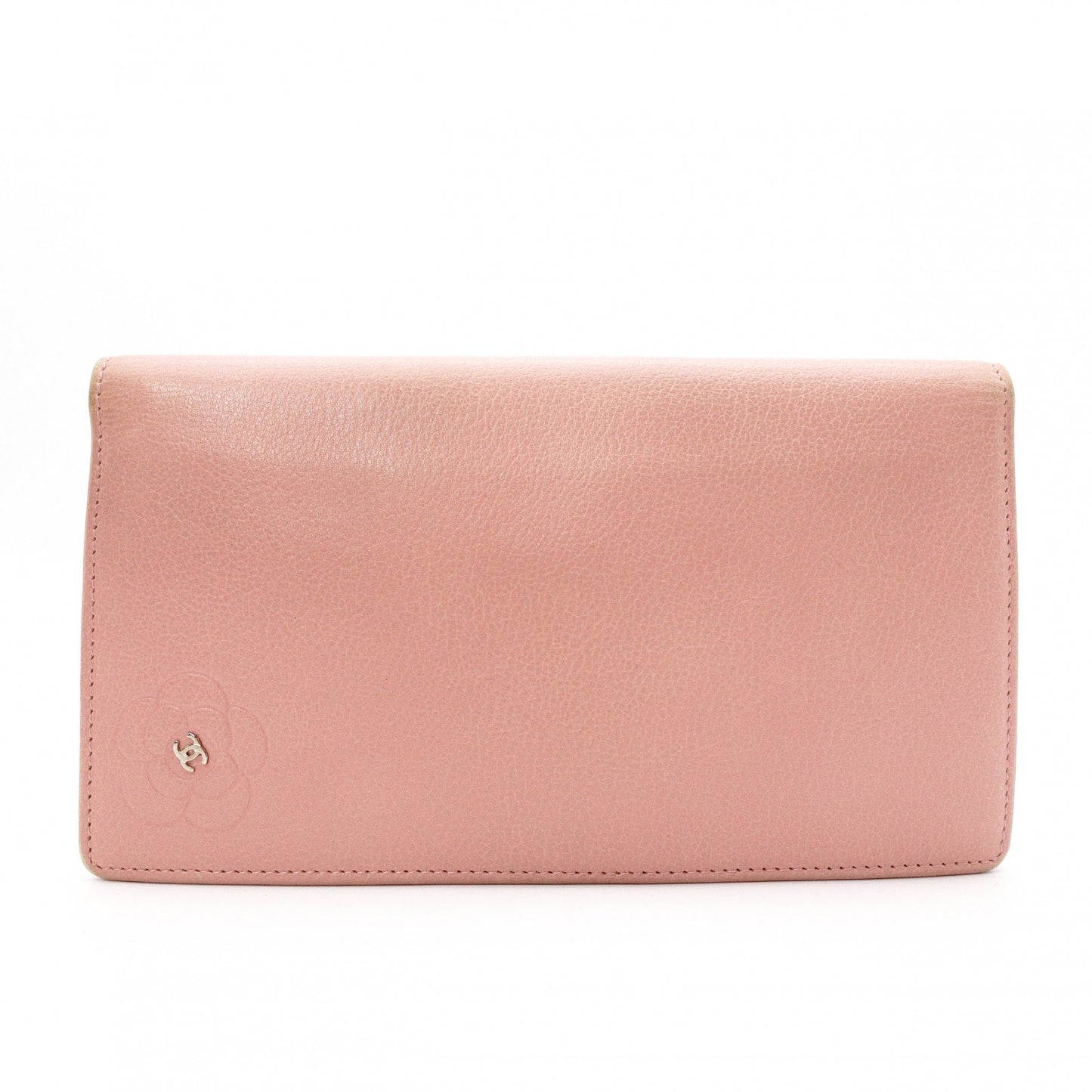 CHANEL Camellia Long Wallet, Leather, Pink, CC Logo, Silver Hardware