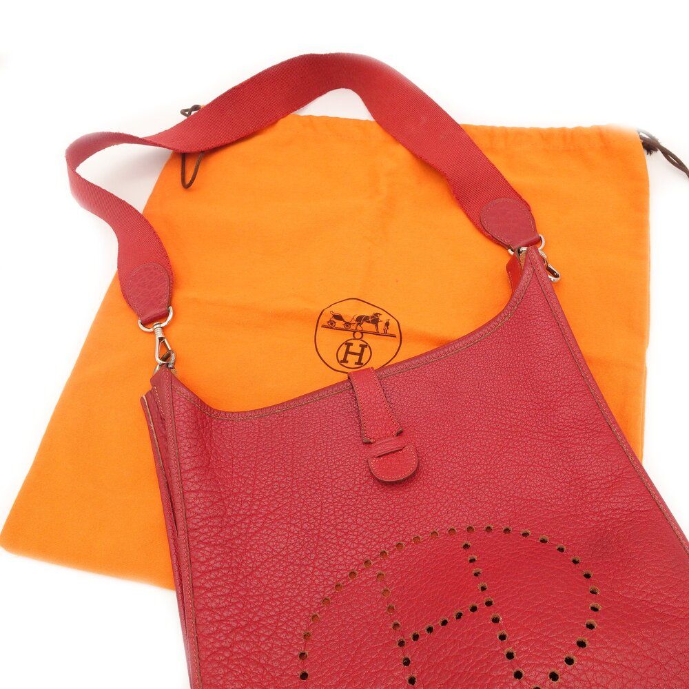 HERMES Evelyn 1 PM Shoulder Bag Taurillon Clemence Red Leather Red Silver Hardware □R Stamped 7-9-445
