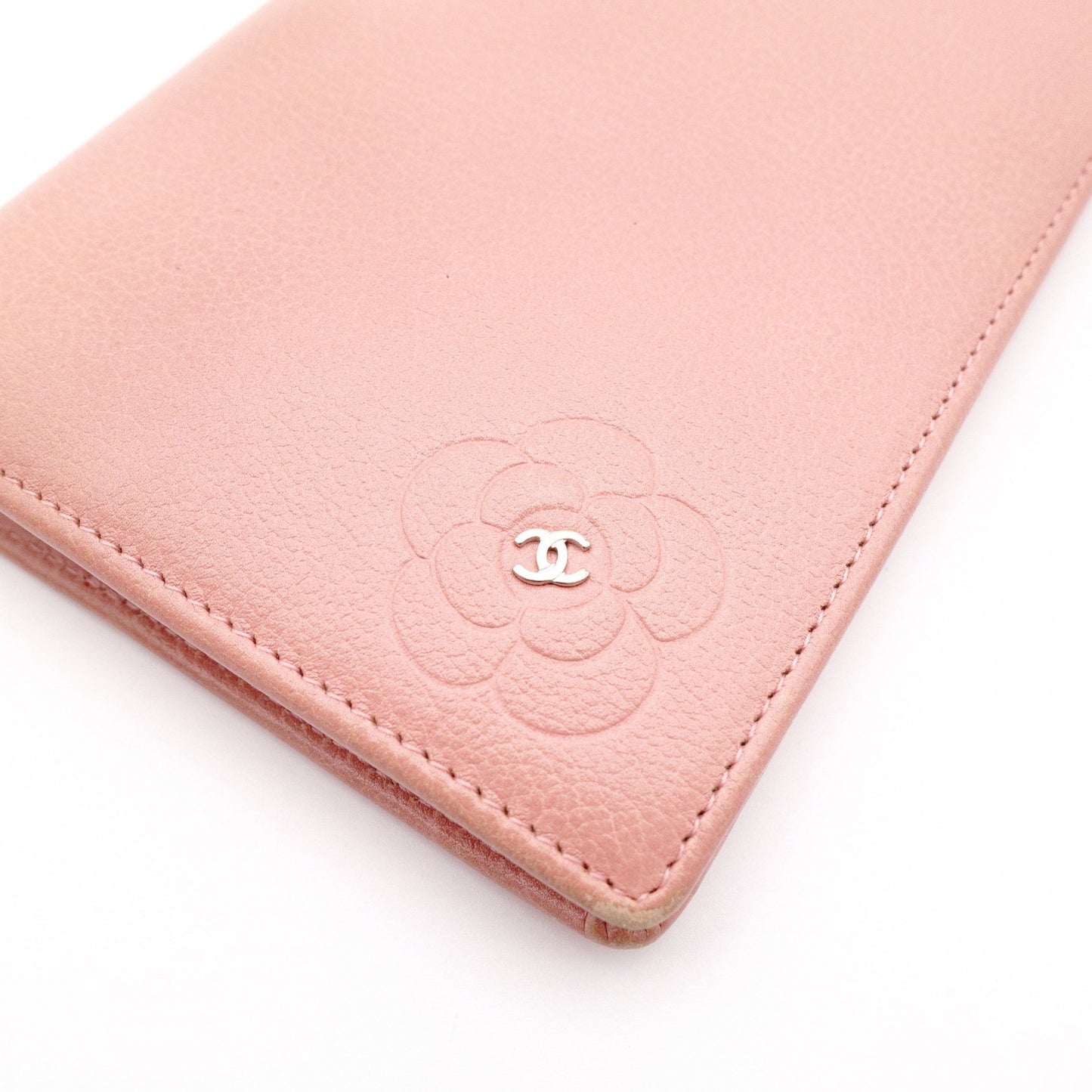 CHANEL Camellia Long Wallet, Leather, Pink, CC Logo, Silver Hardware