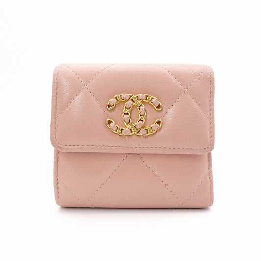 CHANEL Dizneuf 19 Tri-fold Wallet, Leather, Pink Gold Hardware