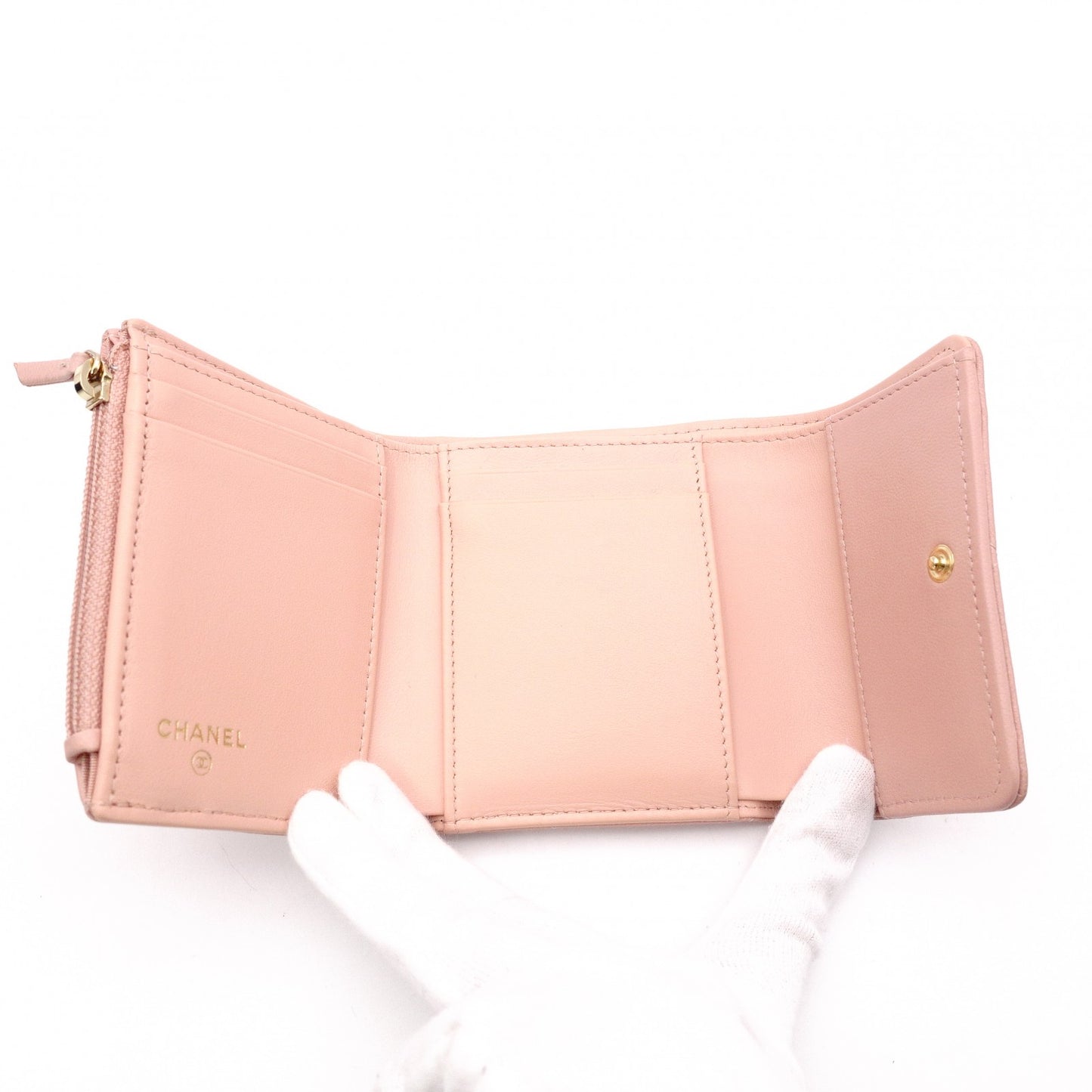 CHANEL Dizneuf 19 Tri-fold Wallet, Leather, Pink Gold Hardware