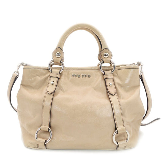 Miu Miu Handbag Patent Leather Beige 2-Way RN0685 Crossbody Logo Silver Hardware 7-9-757