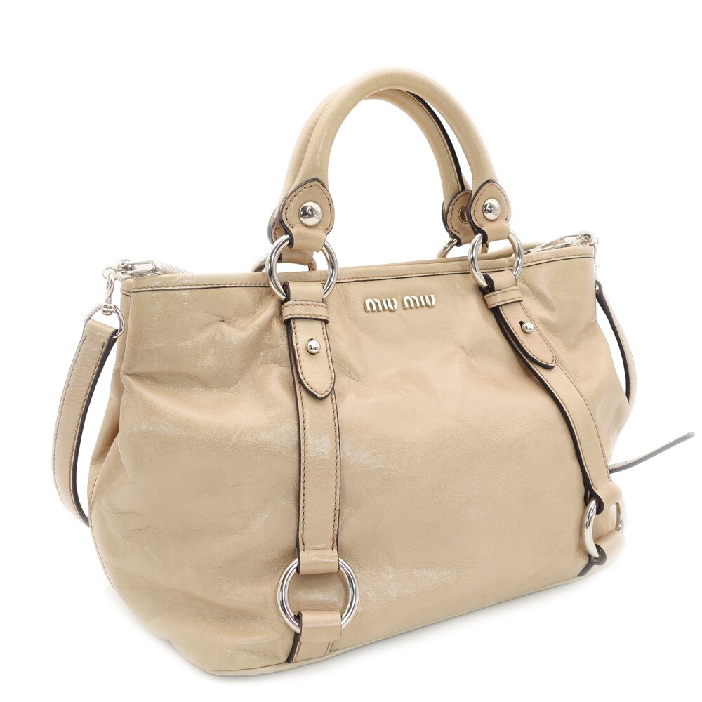 Miu Miu Handbag Patent Leather Beige 2-Way RN0685 Crossbody Logo Silver Hardware 7-9-757