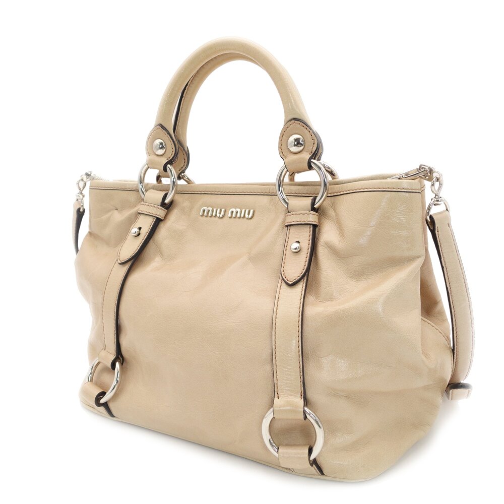 Miu Miu Handbag Patent Leather Beige 2-Way RN0685 Crossbody Logo Silver Hardware 7-9-757