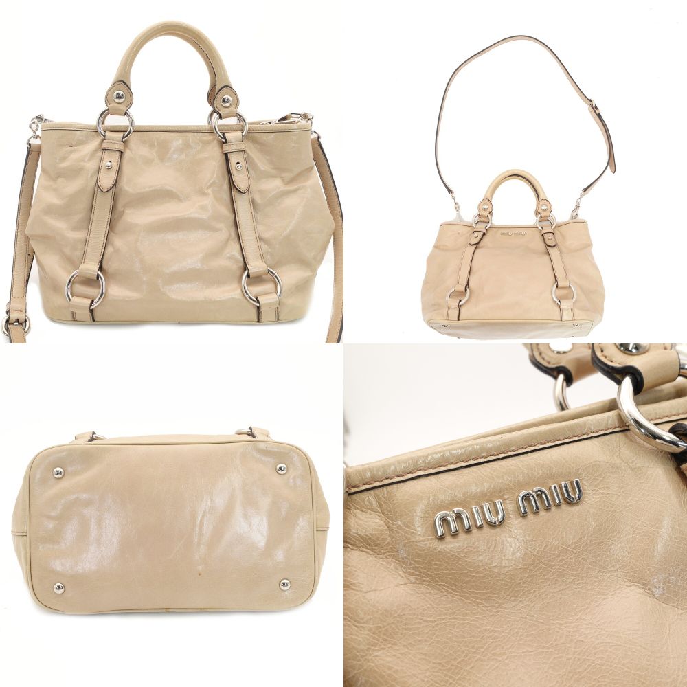 Miu Miu Handbag Patent Leather Beige 2-Way RN0685 Crossbody Logo Silver Hardware 7-9-757