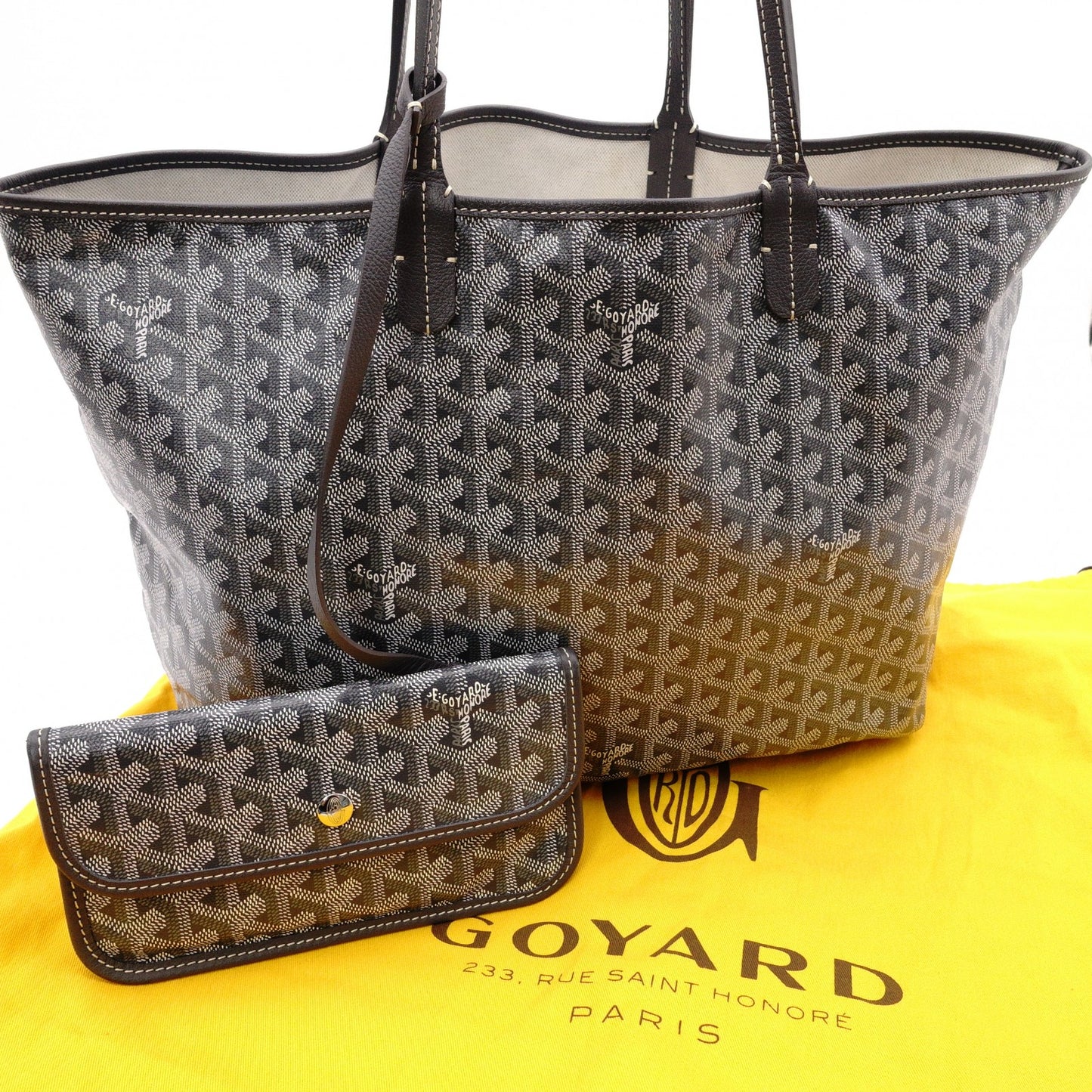 GOYARD Saint Louis PM Tote Bag, PVC and Leather, Gray, with Pouch
