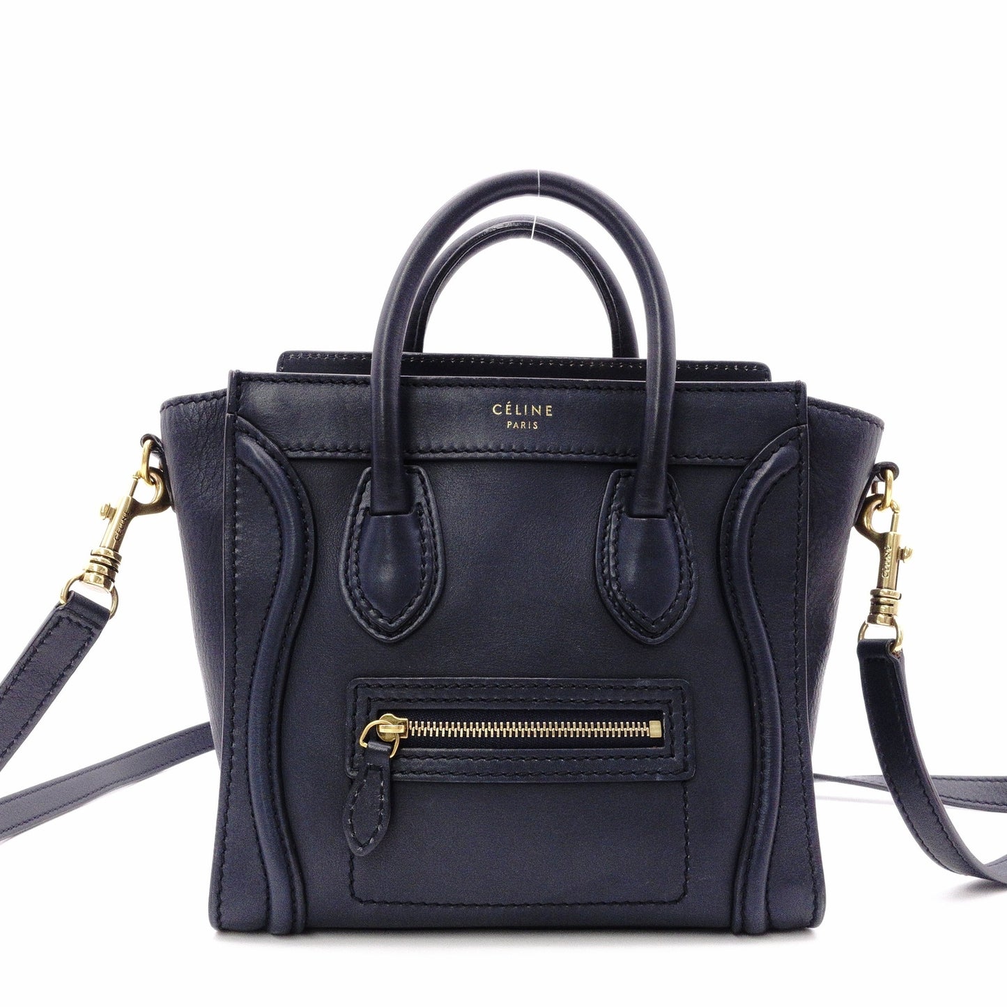 CELINE Luggage Nano Shopper Handbag, Leather, Navy, 2-Way Crossbody, Gold Hardware