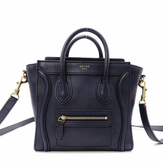 CELINE Luggage Nano Shopper Handbag, Leather, Navy, 2-Way Crossbody, Gold Hardware