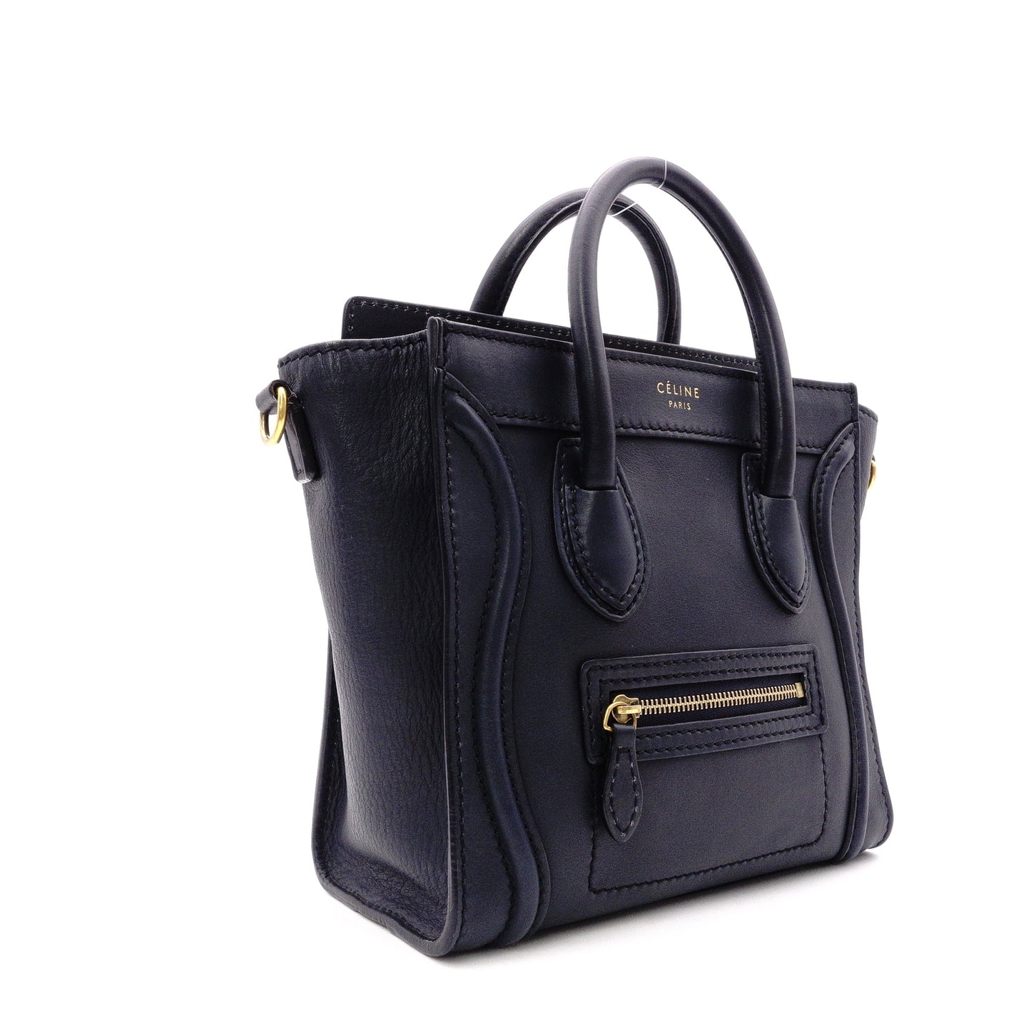 CELINE Luggage Nano Shopper Handbag, Leather, Navy, 2-Way Crossbody, Gold Hardware