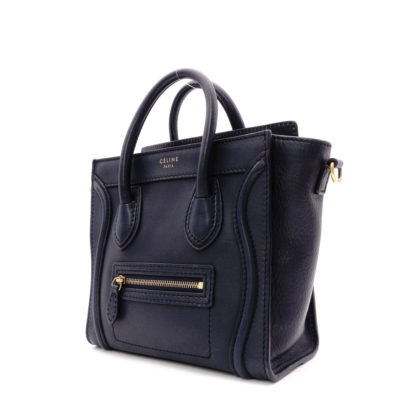 CELINE Luggage Nano Shopper Handbag, Leather, Navy, 2-Way Crossbody, Gold Hardware