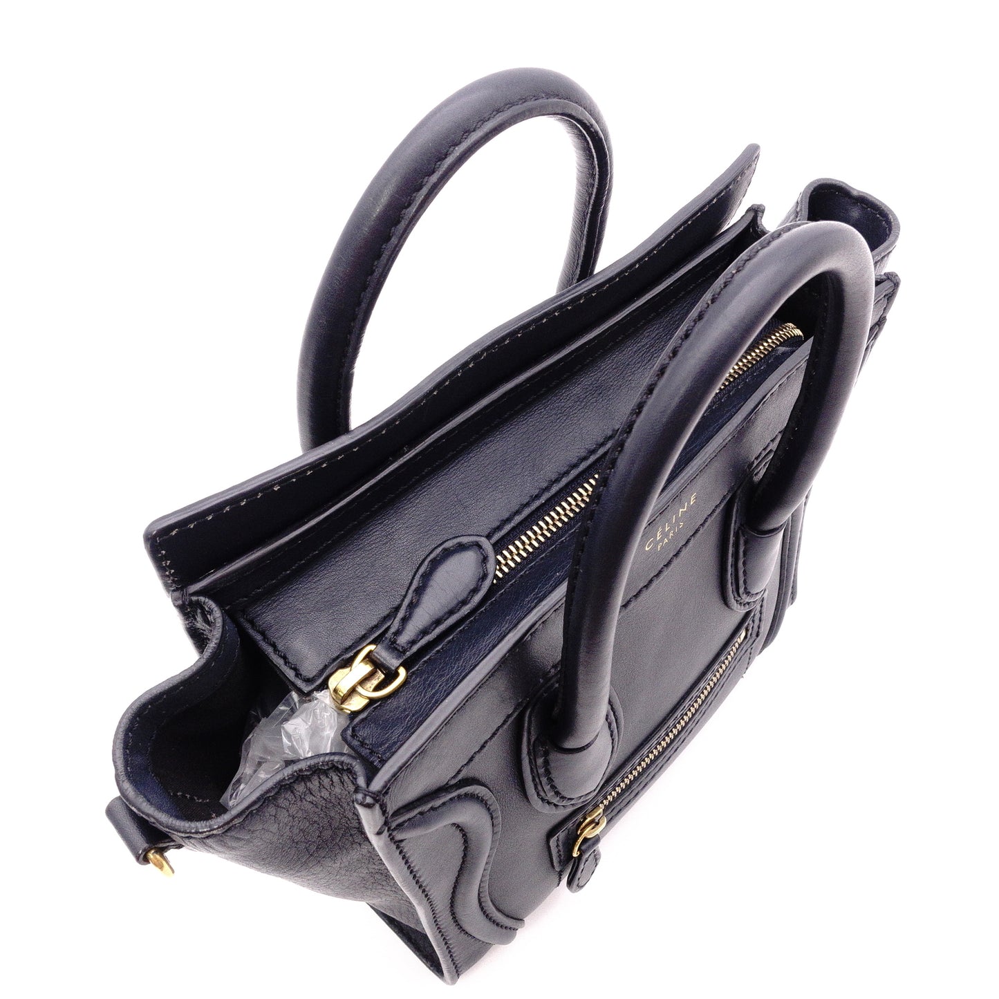 CELINE Luggage Nano Shopper Handbag, Leather, Navy, 2-Way Crossbody, Gold Hardware