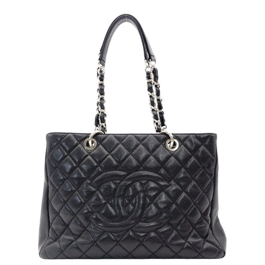 CHANEL GST Grand Shopping Tote Bag Matelassé Black Caviar Leather Black Silver Hardware R8020052