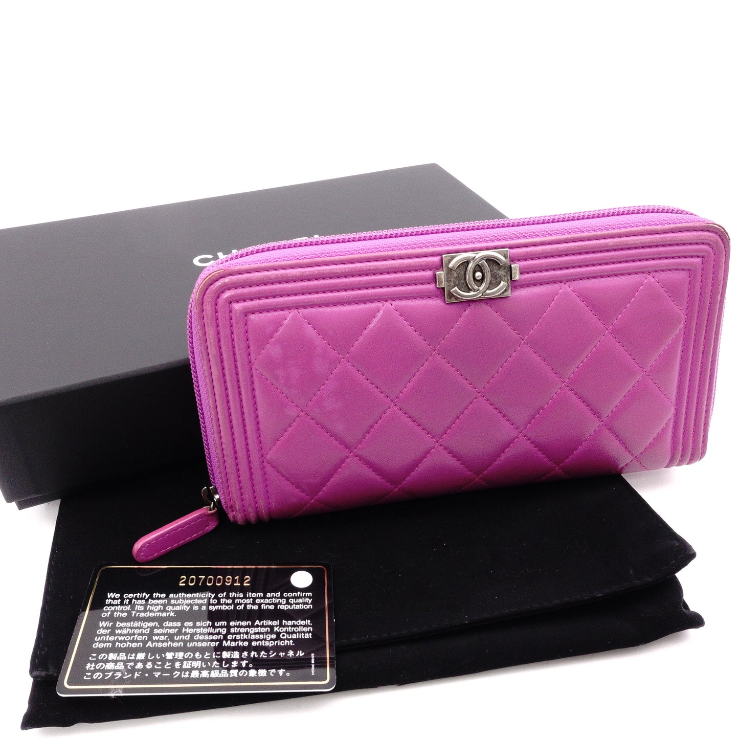 CHANEL Boy Chanel Lambskin Long Wallet, Leather, Purple, Gunmetal