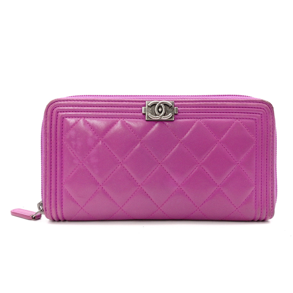 CHANEL Boy Chanel Lambskin Long Wallet, Leather, Purple, Gunmetal