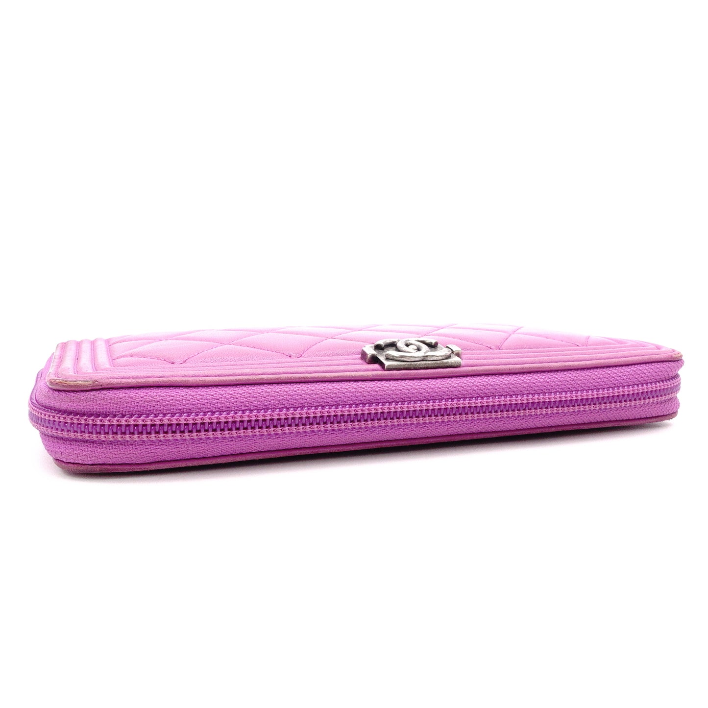 CHANEL Boy Chanel Lambskin Long Wallet, Leather, Purple, Gunmetal