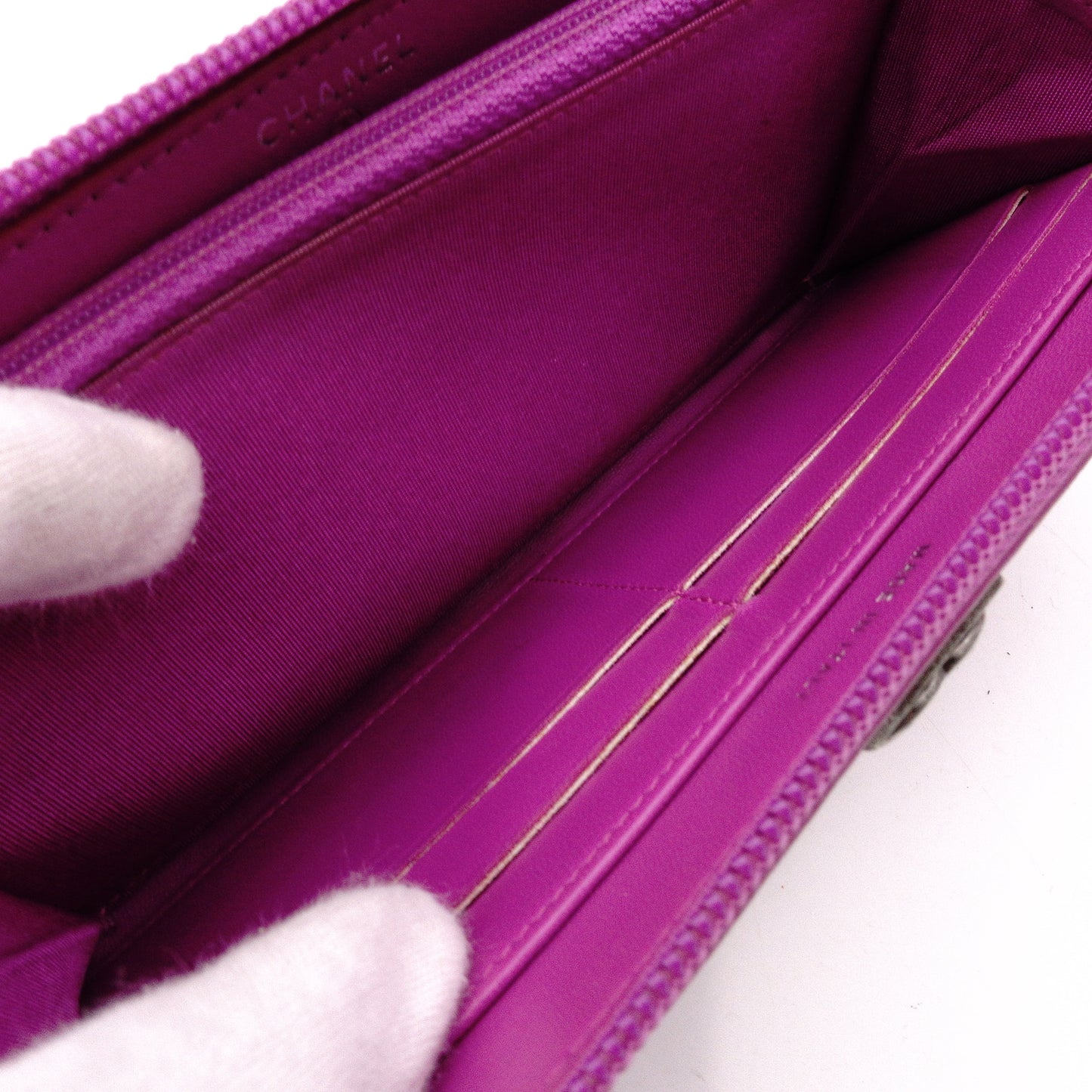 CHANEL Boy Chanel Lambskin Long Wallet, Leather, Purple, Gunmetal