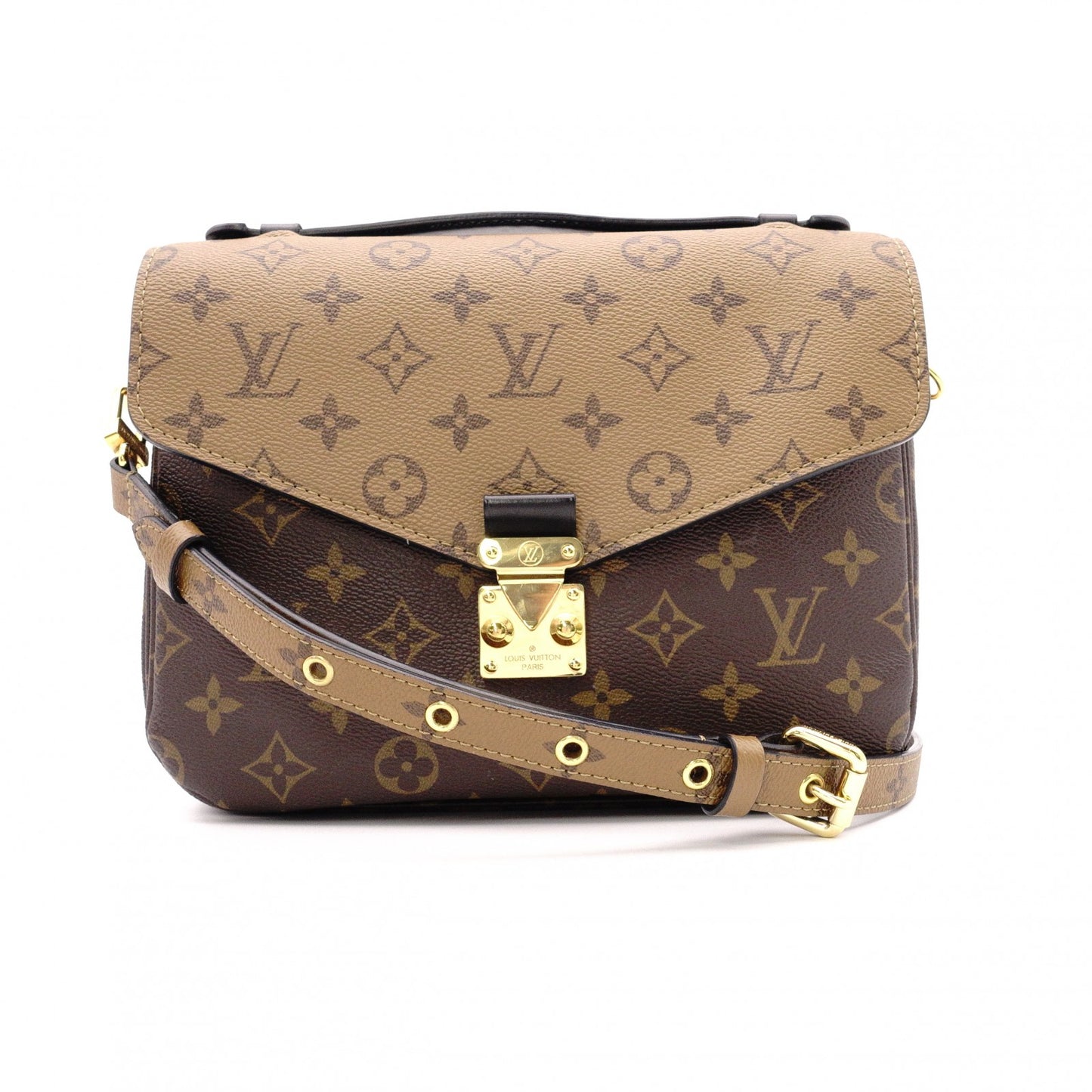 LOUIS VUITTON Pochette Métis MM Reverse Monogram 2-Way Handbag, PVC/Leather, Brown, Women's