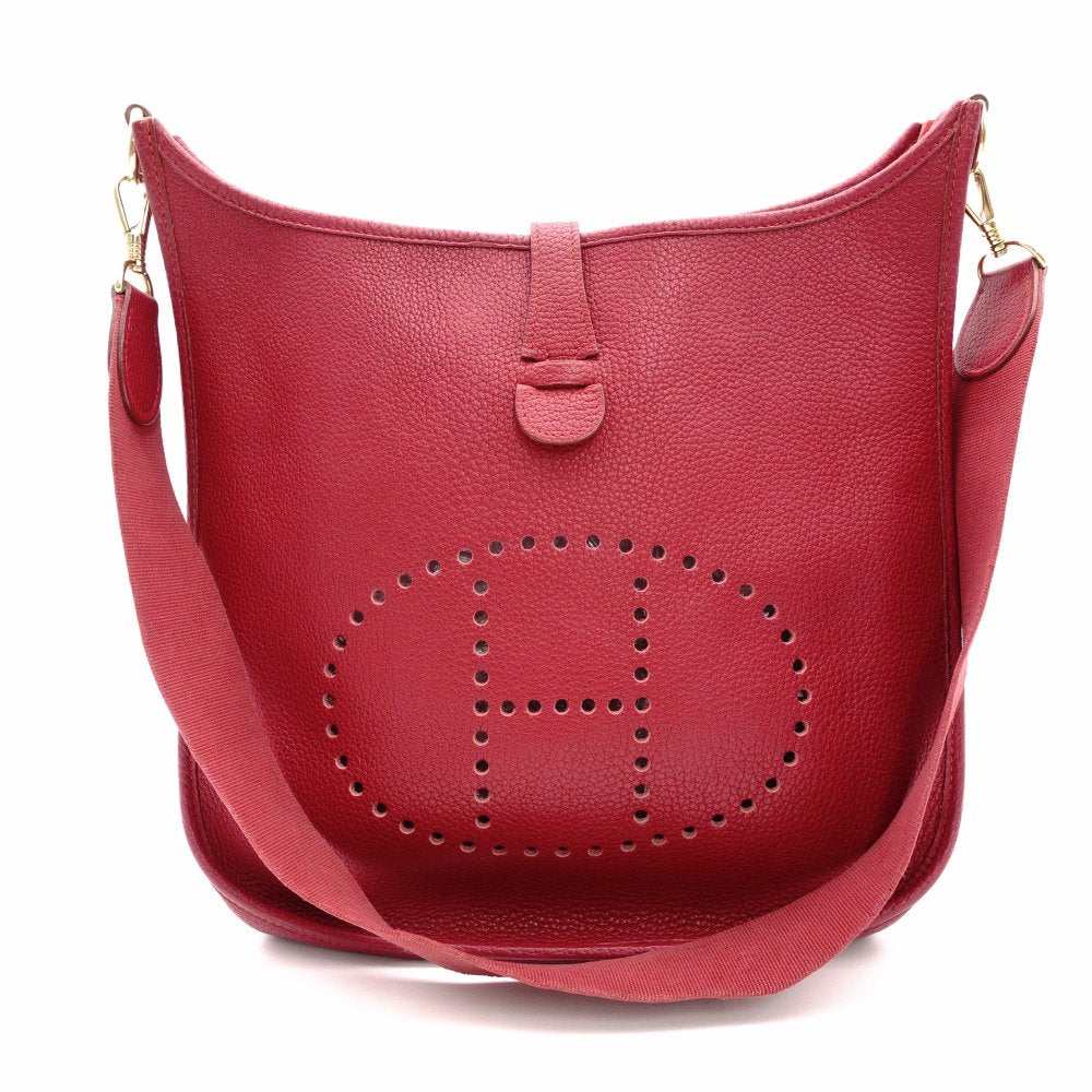 HERMES Evelyn GM Red Ruby Taurillon Clemence Shoulder Bag Leather H Logo □F Stamped Gold Hardware R8020321