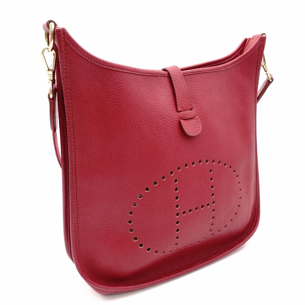 HERMES Evelyn GM Red Ruby Taurillon Clemence Shoulder Bag Leather H Logo □F Stamped Gold Hardware R8020321