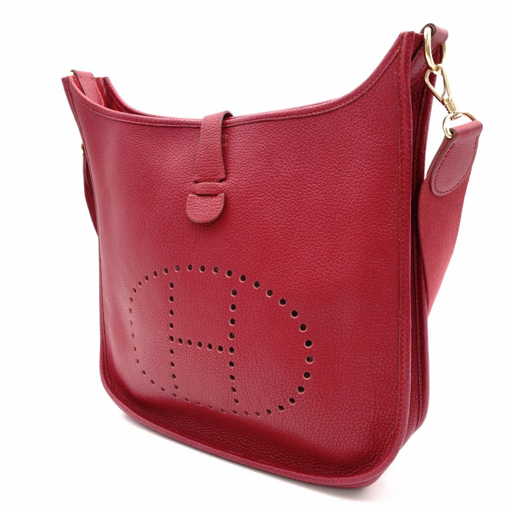 HERMES Evelyn GM Red Ruby Taurillon Clemence Shoulder Bag Leather H Logo □F Stamped Gold Hardware R8020321