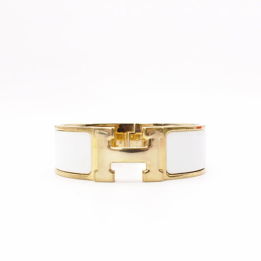 HERMES Click Crack GM Bangle, Metal, White, Women's, Gold, H Logo, Click H