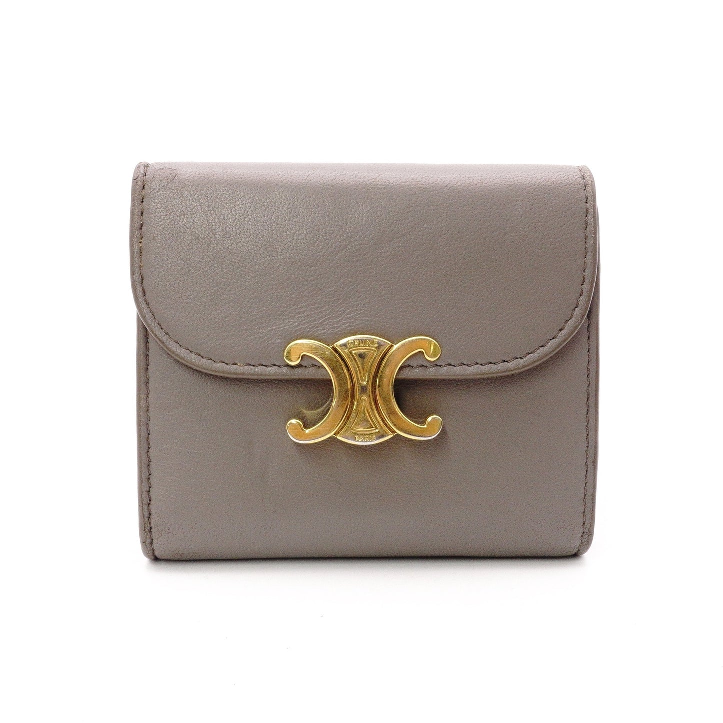 CELINE Triomphe Tri-Fold Wallet, Leather, Gray, Gold Hardware, Wallet, Logo
