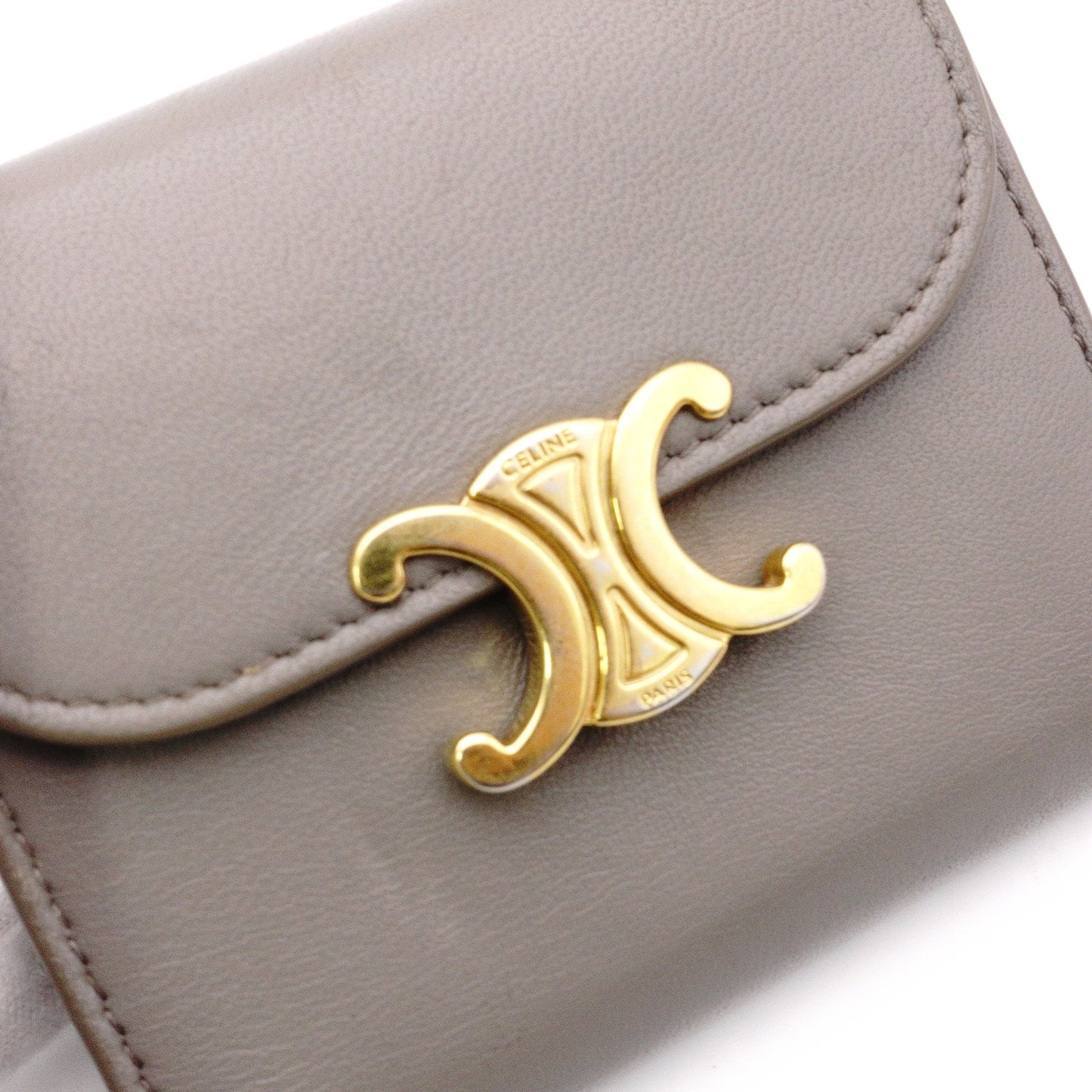 CELINE Triomphe Tri-Fold Wallet, Leather, Gray, Gold Hardware, Wallet, Logo