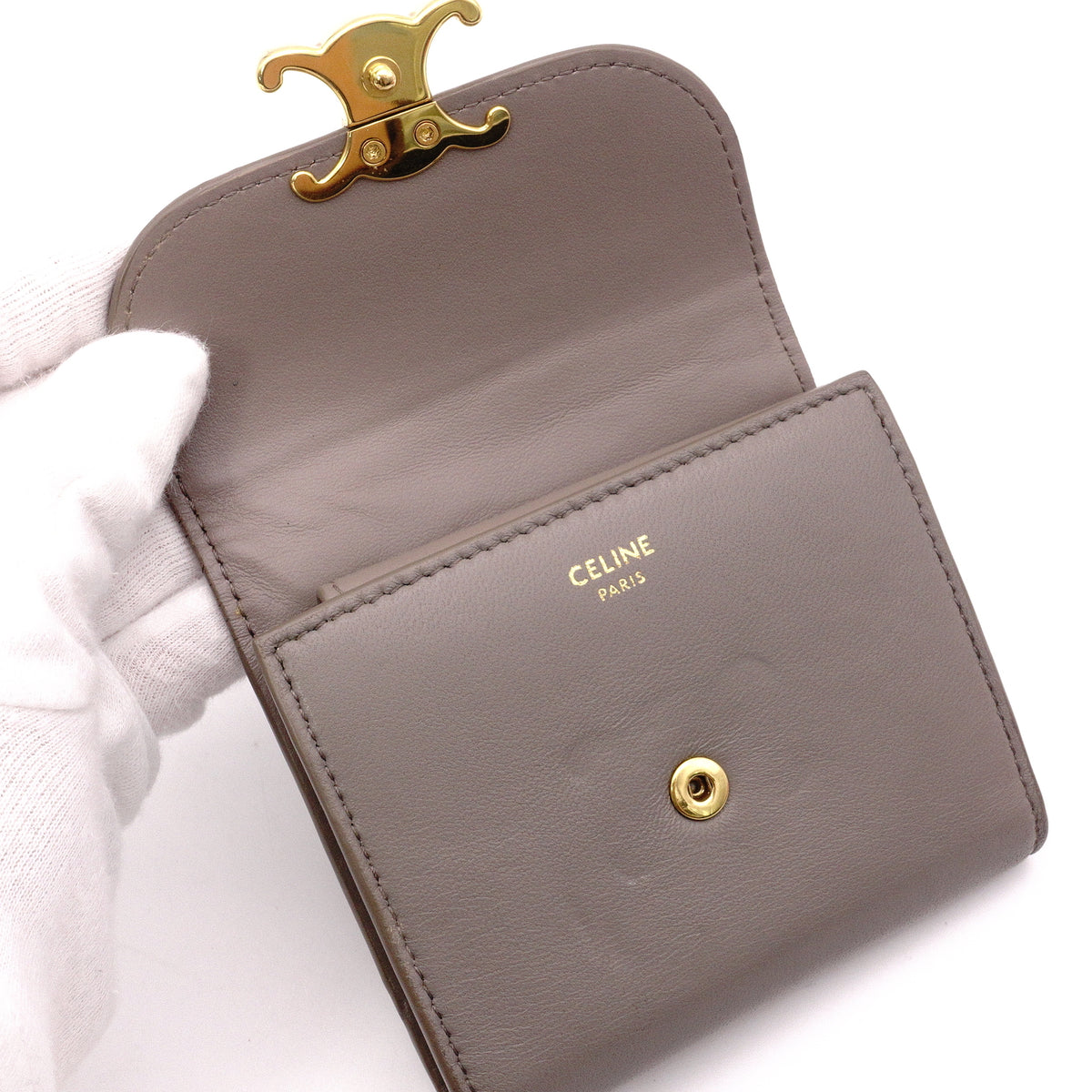 CELINE Triomphe Tri-Fold Wallet, Leather, Gray, Gold Hardware, Wallet, Logo