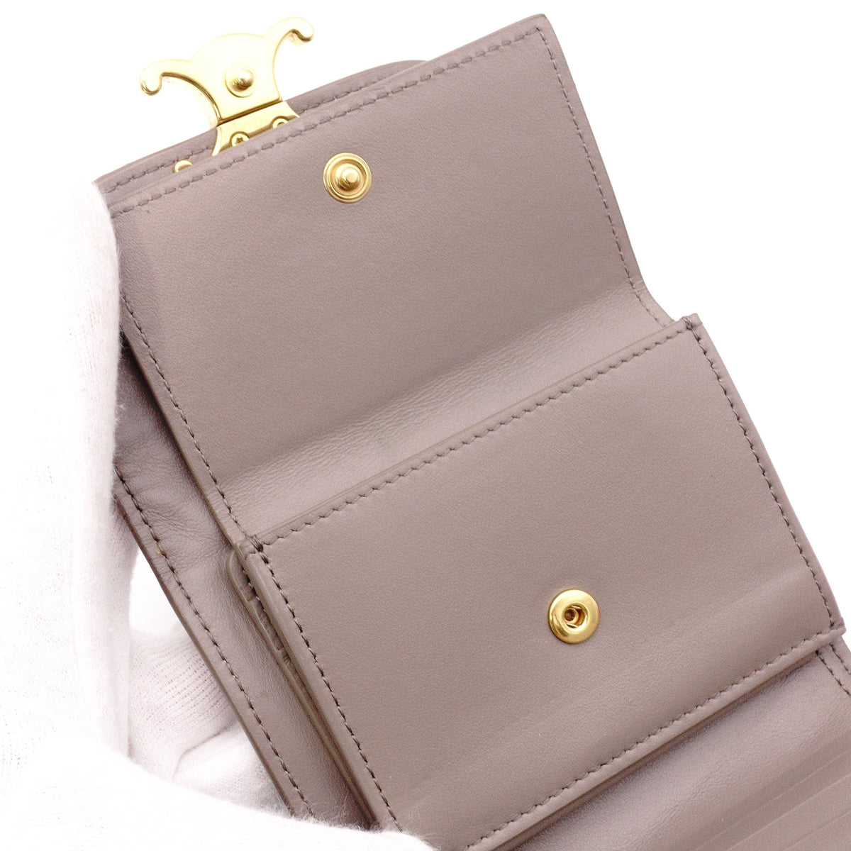 CELINE Triomphe Tri-Fold Wallet, Leather, Gray, Gold Hardware, Wallet, Logo