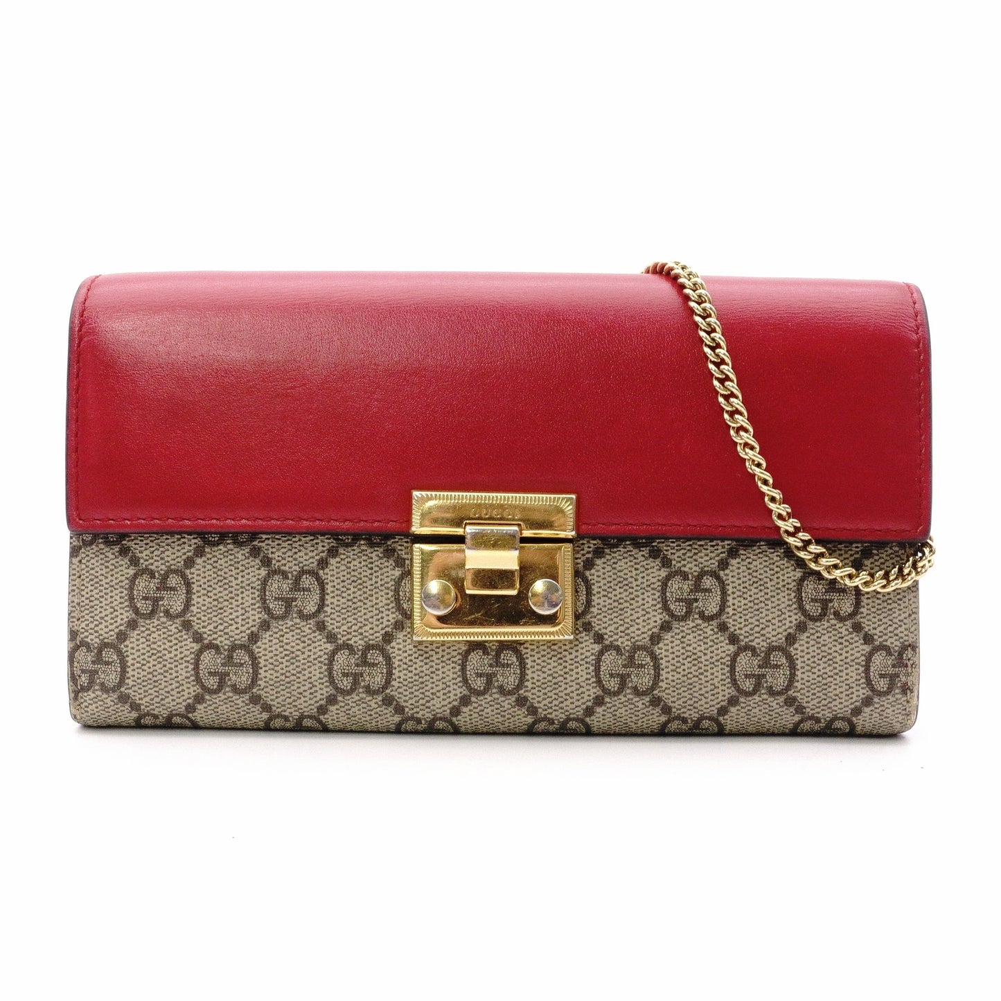 GUCCI HC1980 GG Supreme Wallet Chain, PVC/Leather, Beige, Wallet, Shoulder Strap, Gold Hardware