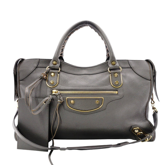 BALENCIAGA Metallic Edge City Handbag, Leather, Gray, 2-Way