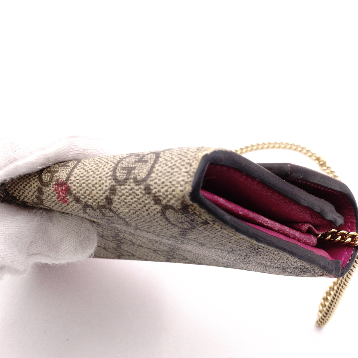 GUCCI HC1980 GG Supreme Wallet Chain, PVC/Leather, Beige, Wallet, Shoulder Strap, Gold Hardware
