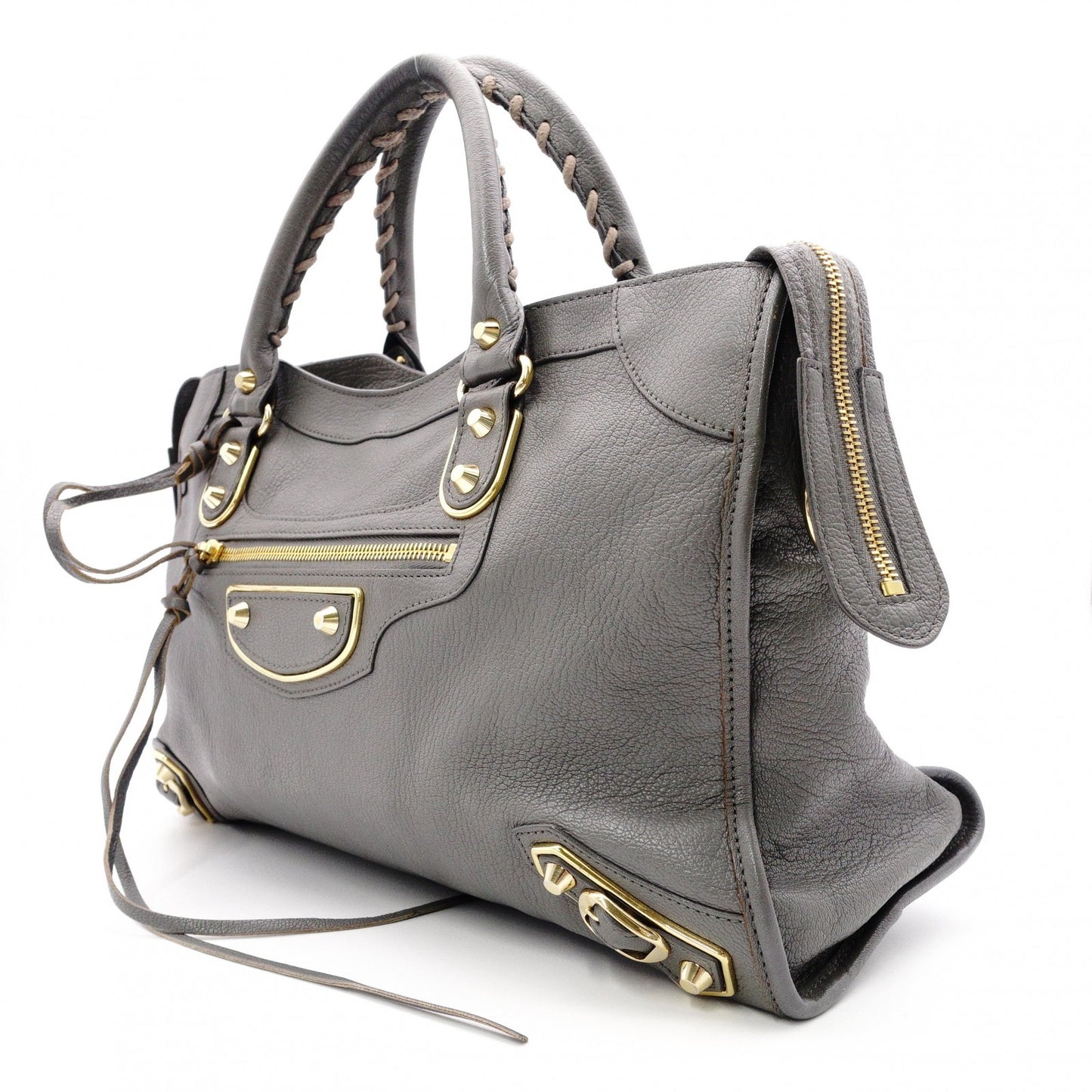 BALENCIAGA Metallic Edge City Handbag, Leather, Gray, 2-Way