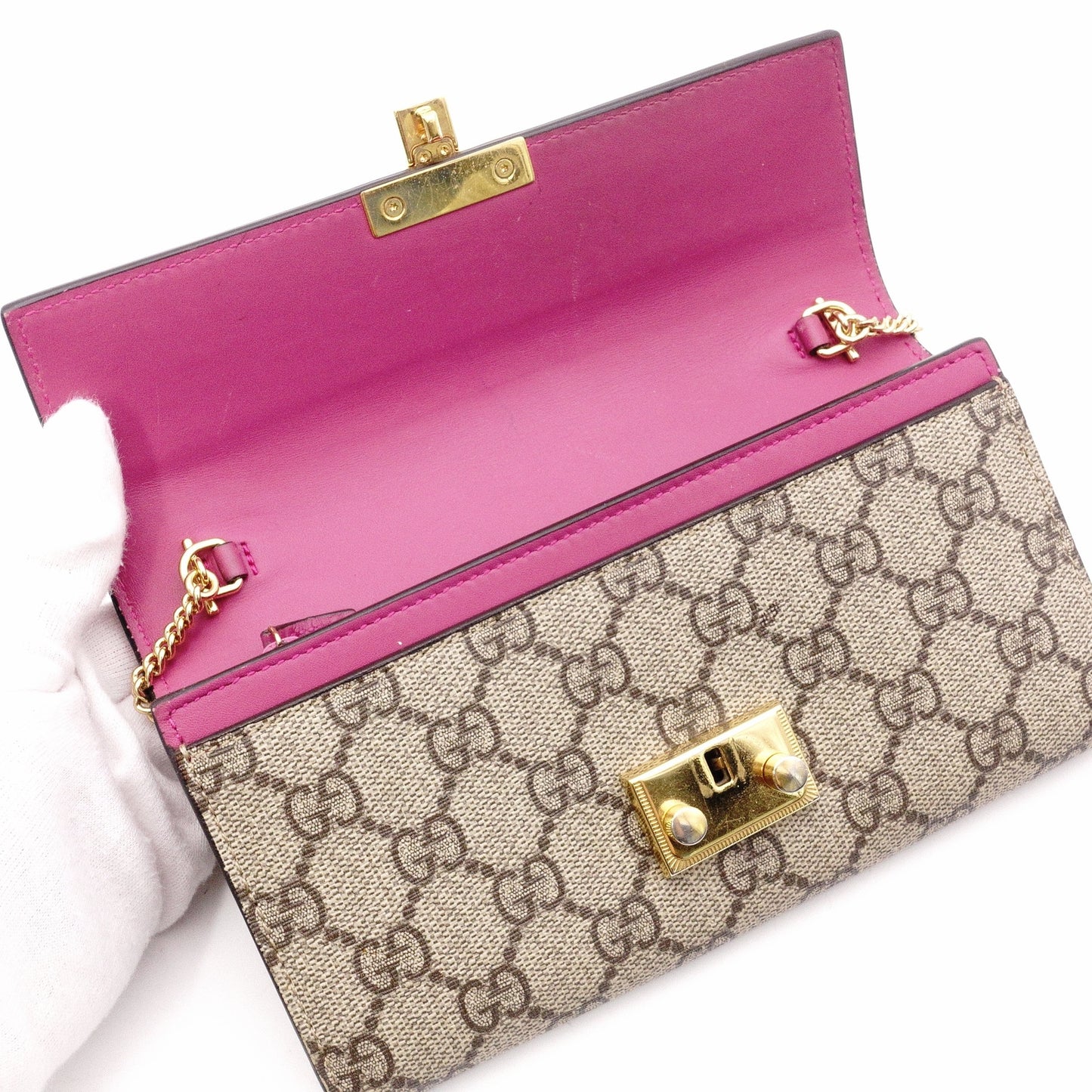 GUCCI HC1980 GG Supreme Wallet Chain, PVC/Leather, Beige, Wallet, Shoulder Strap, Gold Hardware
