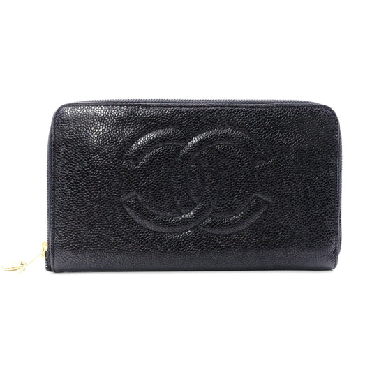 CHANEL シャネル キャビアスキン 長財布 レザー ブラック【中古】 レディース